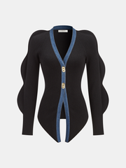 Scalloped Sleeve Denim Paneled Ribbed Cardigan