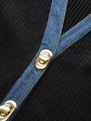 Scalloped Sleeve Denim Paneled Ribbed Cardigan