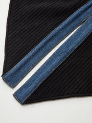 Scalloped Sleeve Denim Paneled Ribbed Cardigan