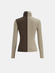 Two-Tone Turtleneck Ribbed Knit Top