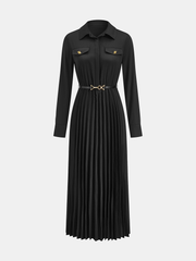 Belted Pleated Long Sleeve Shirt Dress