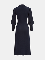 Leg-Of-Mutton Sleeve Wool Blend Collared Midi Dress