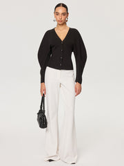 V-Neck Button-Front Puff Sleeve Cardigan