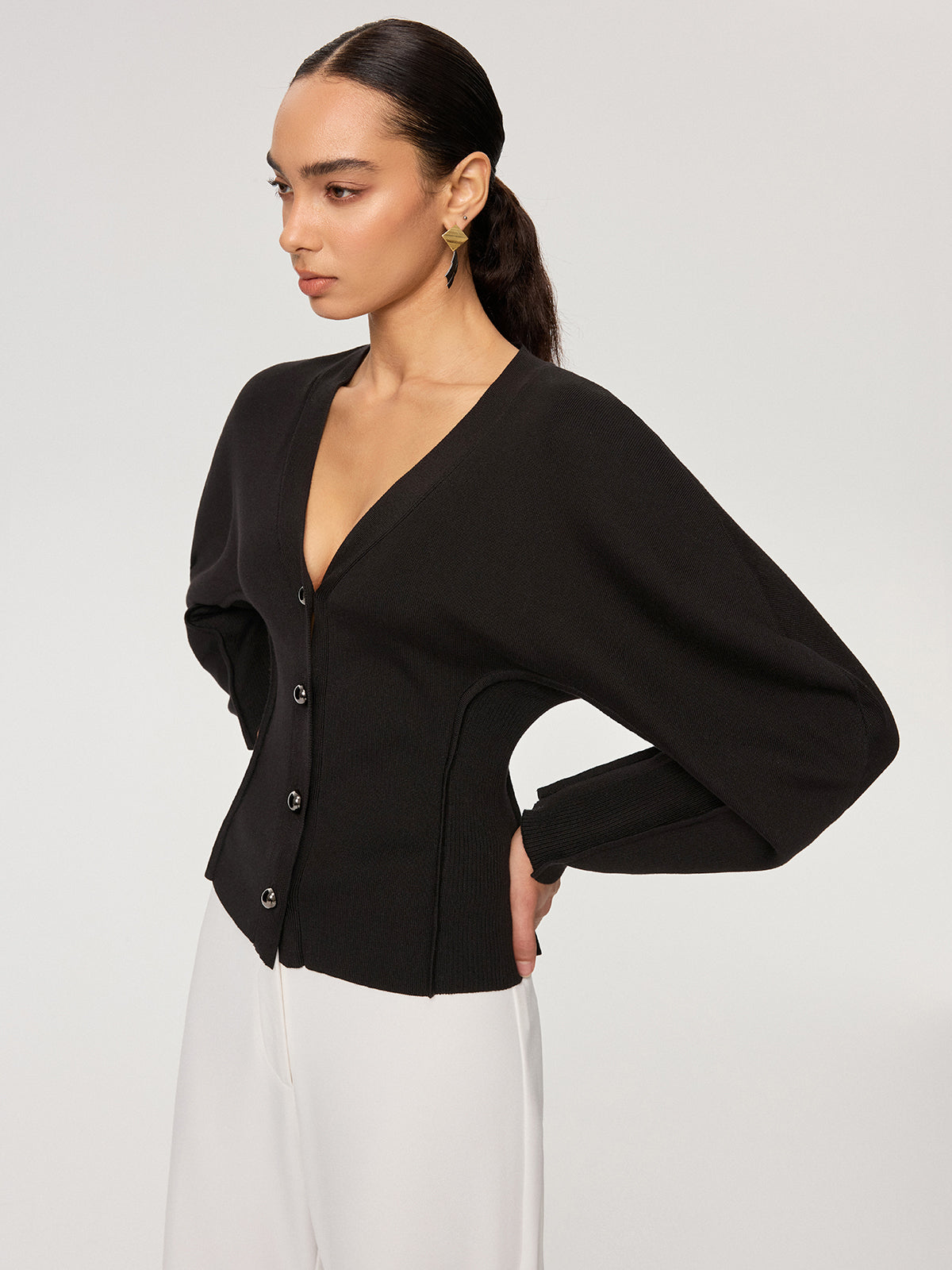 V-Neck Button-Front Puff Sleeve Cardigan