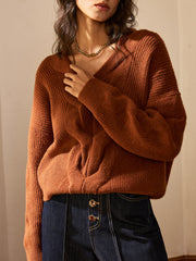 Wool Blend Textured Knit V-Neck Sweater