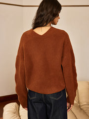 Wool Blend Textured Knit V-Neck Sweater