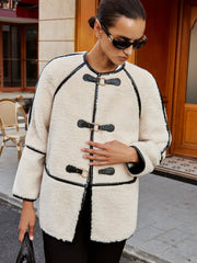 Buckle Detail Contrast Trim Faux Fur Coat