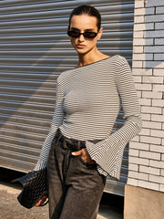 Flared Cuff Backless Striped Bodysuit