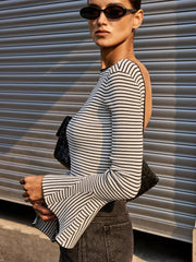 Flared Cuff Backless Striped Bodysuit
