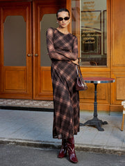 Plaid Mesh Long Sleeve Maxi Dress