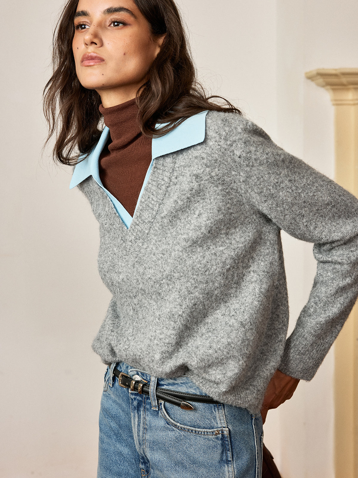 Contrast Collar Wool Blend Sweater