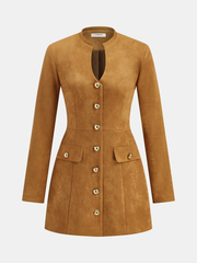 Metal Button Suede Effect Keyhole-Neck Mini Dress