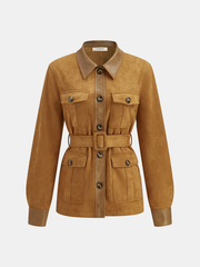 Faux Leather Panel Belted Suede Effect Jacket