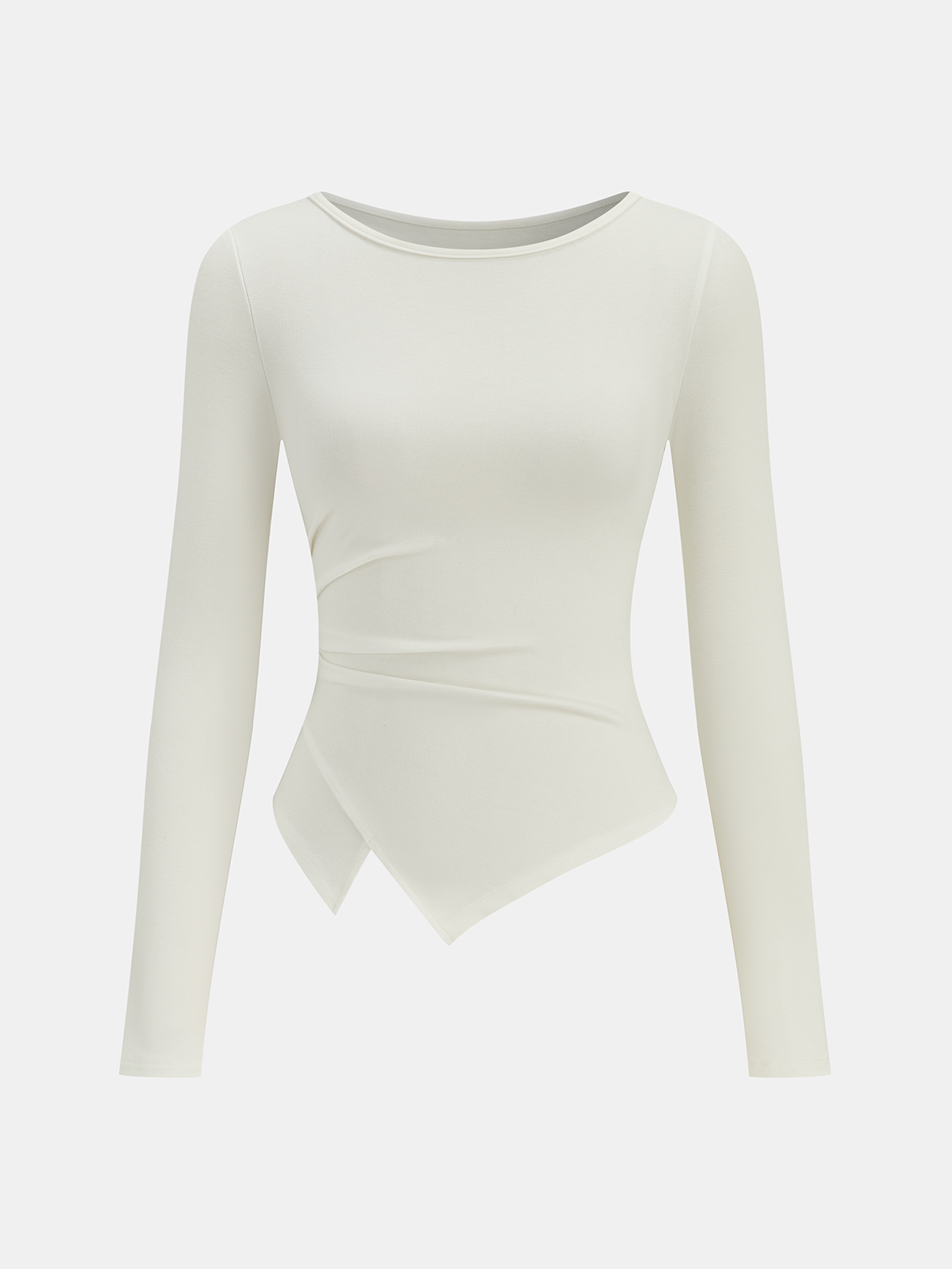 Asymmetric Hem Ruched Long-Sleeve T-Shirt
