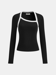 Contrast Trim Asymmetric Neckline T-Shirt