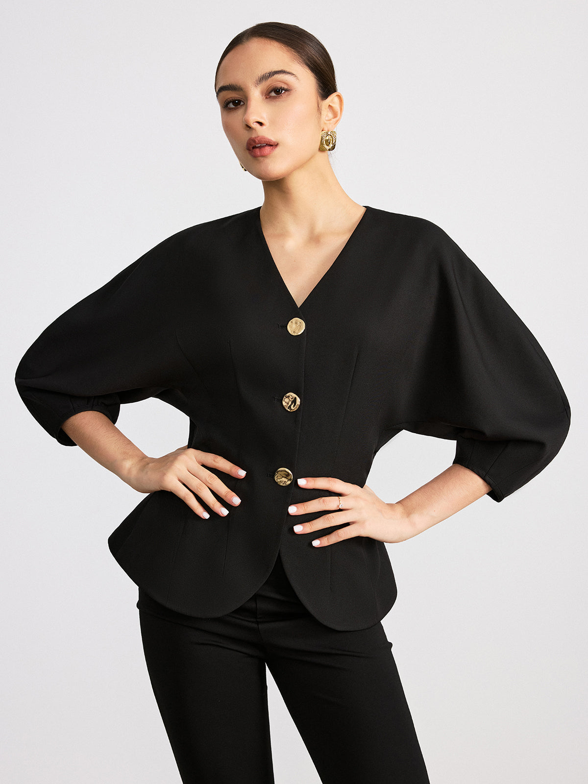 V-Neck Batwing Sleeve Blouse