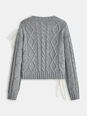 V-Neck Cable-Knit Bow Sweater
