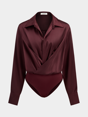 Collared Draped Satin Long Sleeve Bodysuit