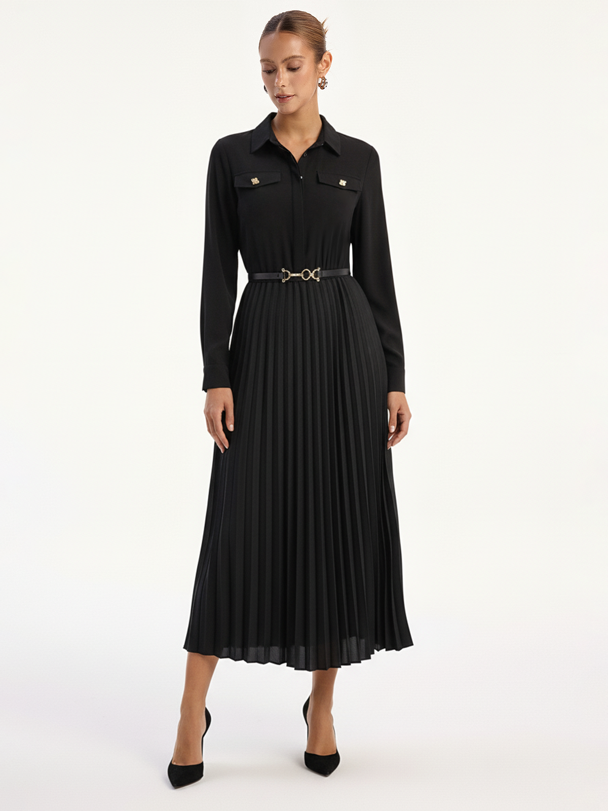 Belted Pleated Long Sleeve Shirt Dress