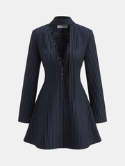 Lace Trim Pinstripe Flared Dress with Tie Neck