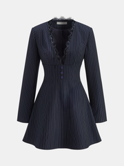 Lace Trim Pinstripe Flared Dress with Tie Neck