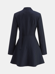 Lace Trim Pinstripe Flared Dress with Tie Neck