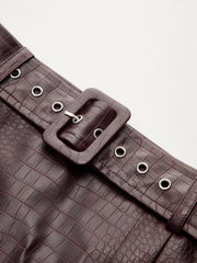 Crocodile Embossed Faux Leather Belted Mini Skirt
