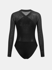 Sheer Panel Cross-Front Long Sleeve Bodysuit