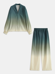 Ombre V-Neck Blouse and Casual Pants Set
