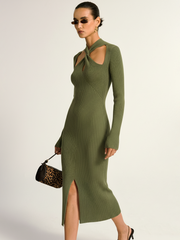 Cut-Out Twist Neckline Slit Knit Midi Dress