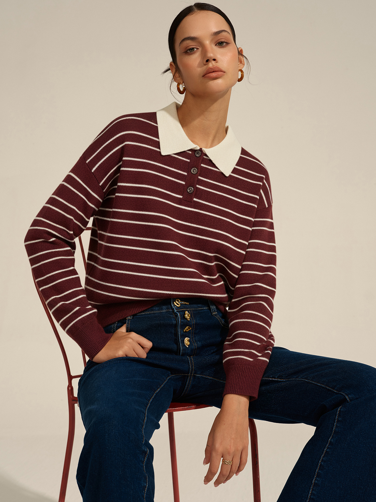Striped Long Sleeved Knit Polo Top