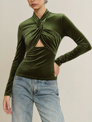 Velvet Twist Front Cut-Out Long Sleeve Blouse