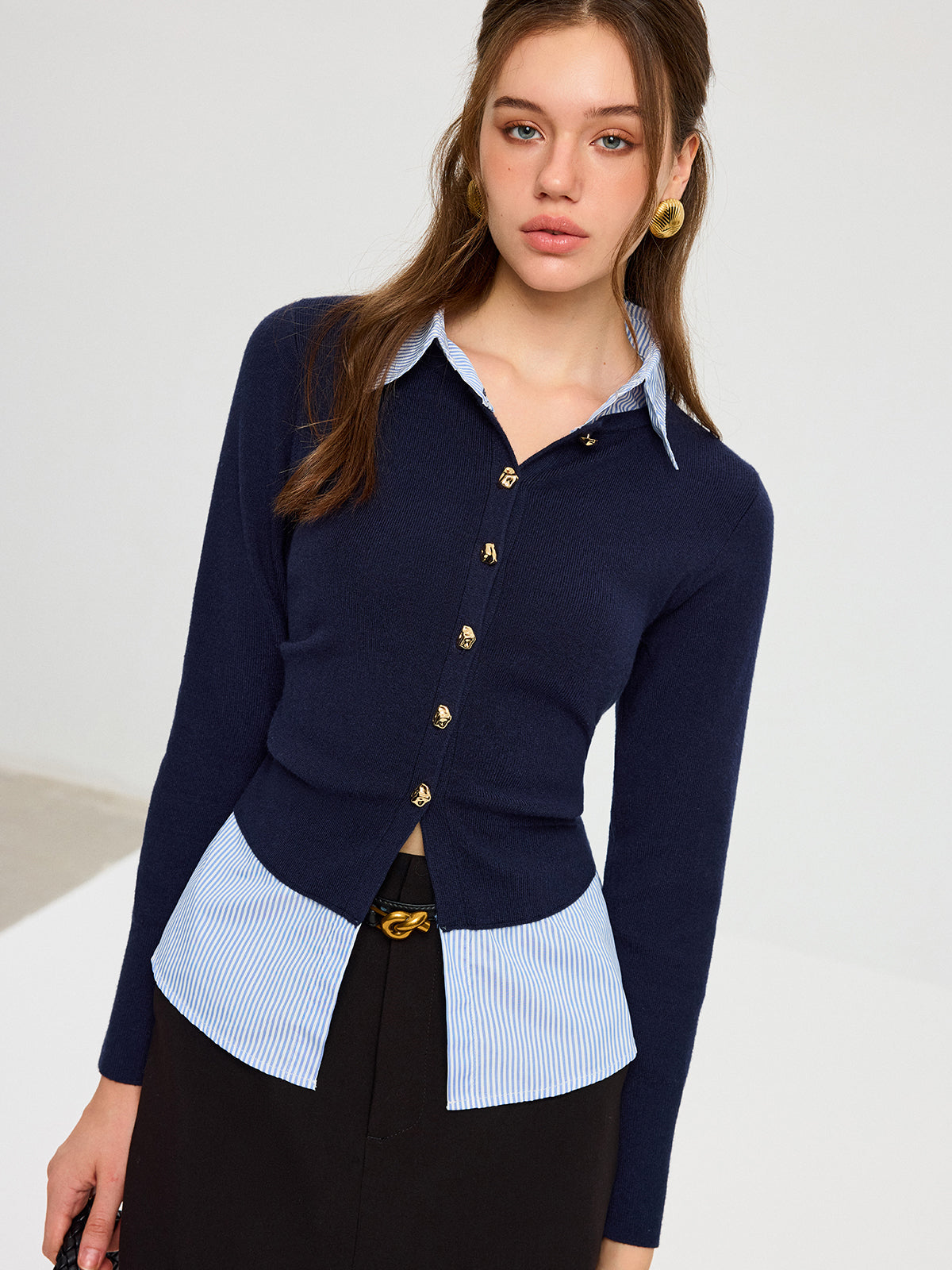 Striped Shirt Panel Metal Button Knit Top