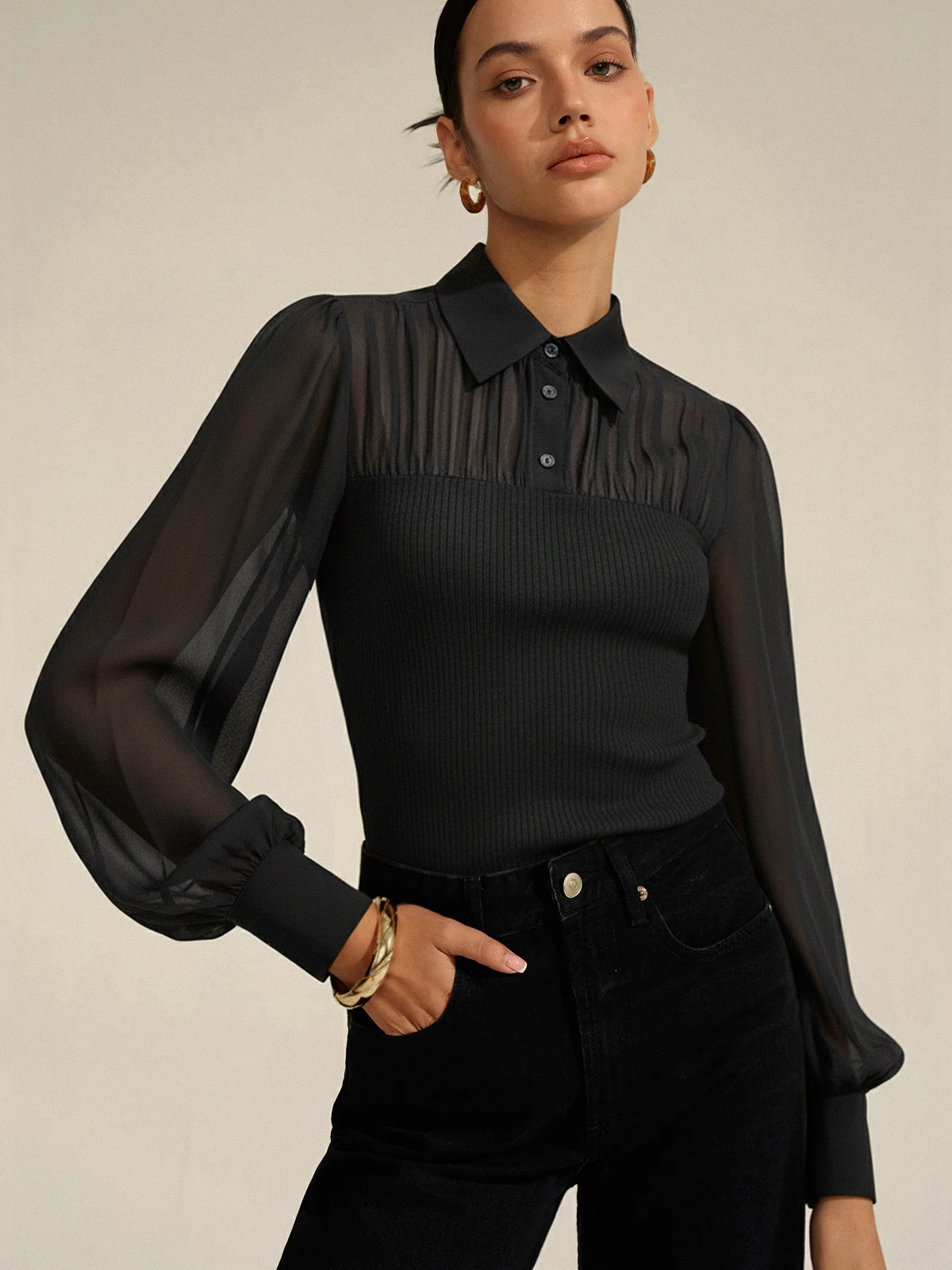 Ribbed Panel Semi-Sheer Long-Sleeve Shirt