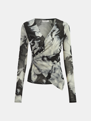 Semi-Sheer Long Sleeve Mesh Marble Print Wrap Blouse