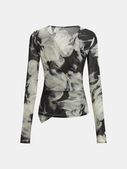 Semi-Sheer Long Sleeve Mesh Marble Print Wrap Blouse