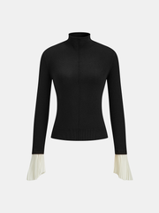 Contrast Pleated Cuff Mock Neck Sweater