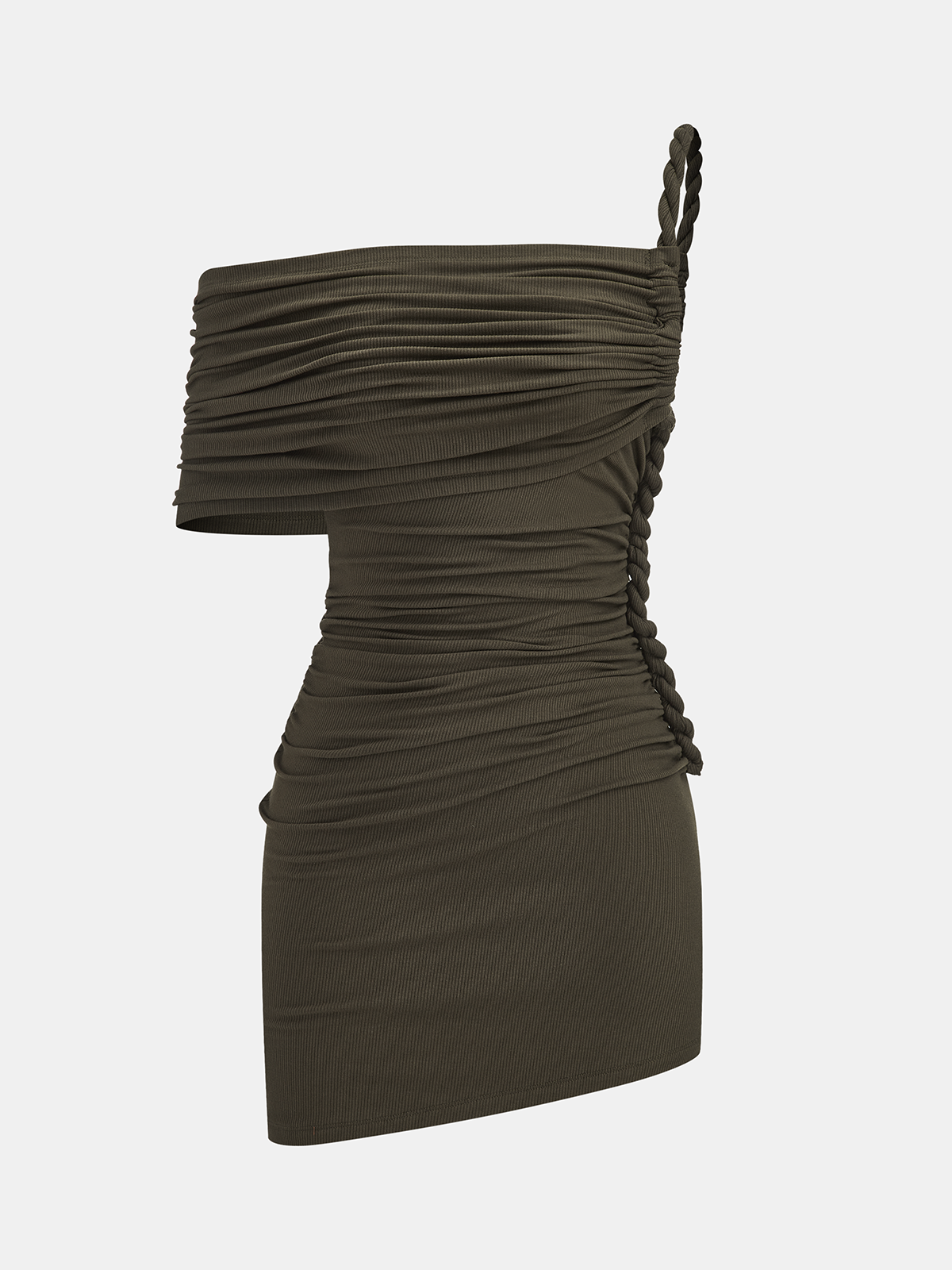 Braided Rope One-Shoulder Ruched Mini Dress
