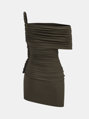 Braided Rope One-Shoulder Ruched Mini Dress