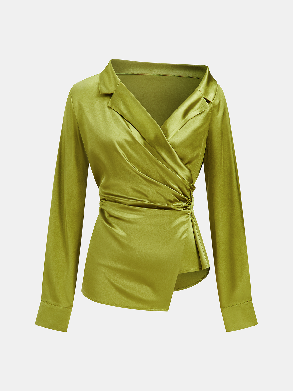 Satin Asymmetrical Collar Wrap Shirt with Side Buttons