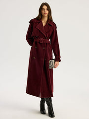 Belted Double-Breasted Suede Effect Long Trench Coat