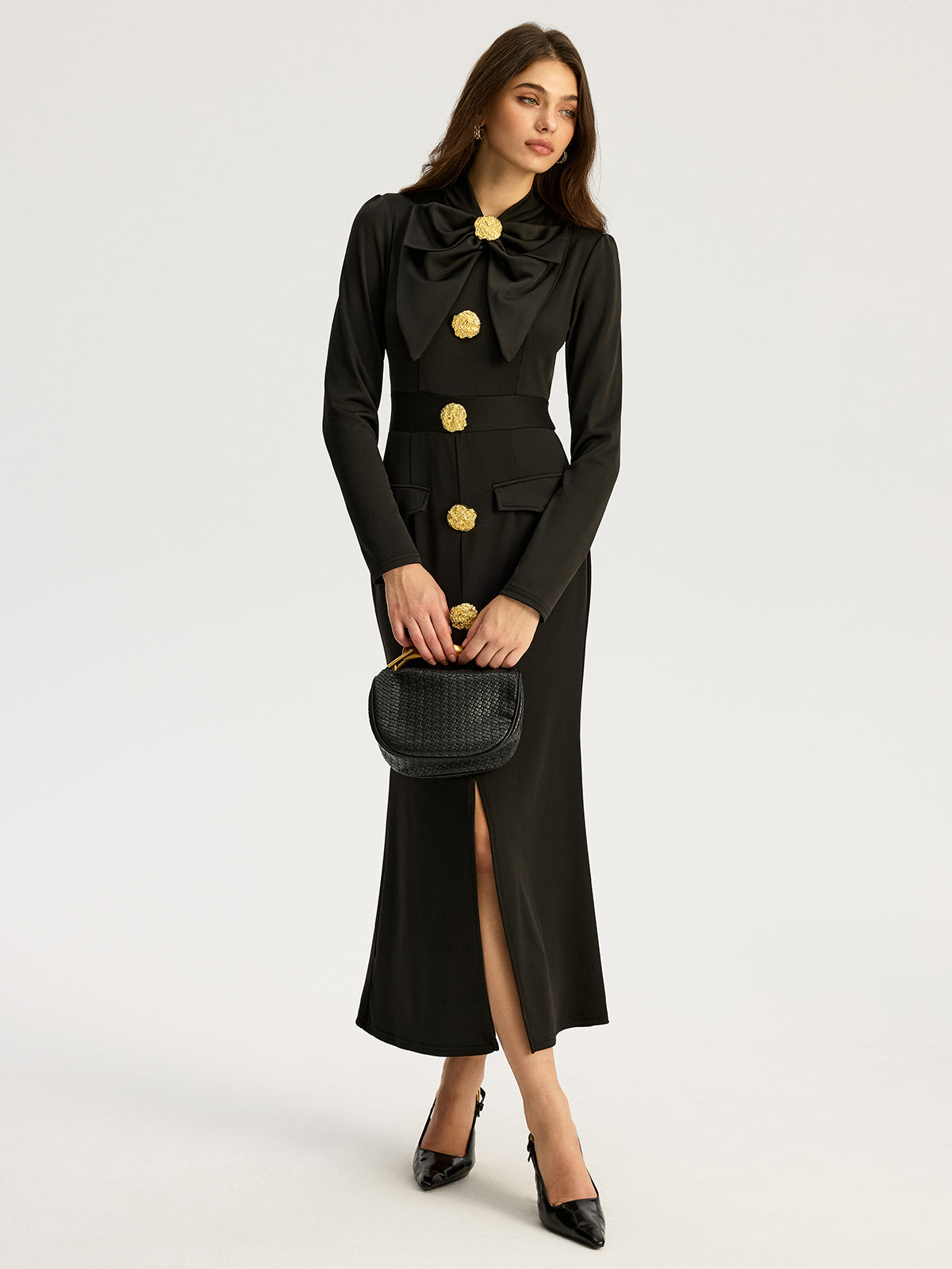 Bow-collar Long-Sleeved Dress with Metal Button