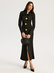Bow-collar Long-Sleeved Dress with Metal Button
