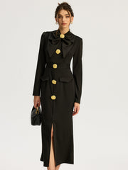 Bow-collar Long-Sleeved Dress with Metal Button