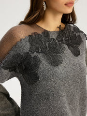 Floral lace Sweater Semi Sheer Round Neck Sweater