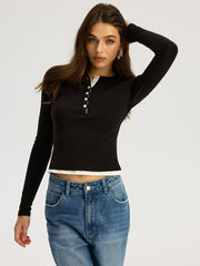 Contrast Trim Cotton Blend Long Sleeve Top