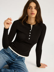 Contrast Trim Cotton Blend Long Sleeve Top