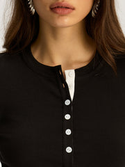 Contrast Trim Cotton Blend Long Sleeve Top