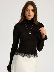 Lace Trim Mock Neck Knit Top