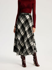 High Waist Line Flared Plaid Long Skirt